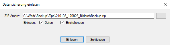 Dialog Datensicherung einlesen
