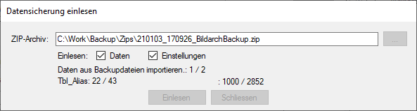 Anzeige des Fortschritts im Dialog Datensicherung einlesen