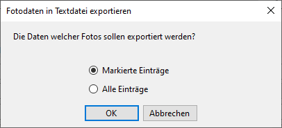 Auswahl der Fotos für Export der Fotodaten in Textdatei
